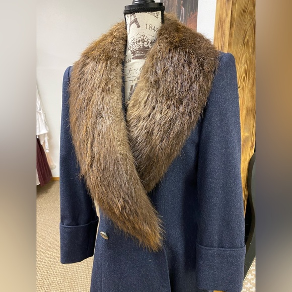 Beaver Fur Collar Wool Pea Coat sz M - Picture 2 of 8